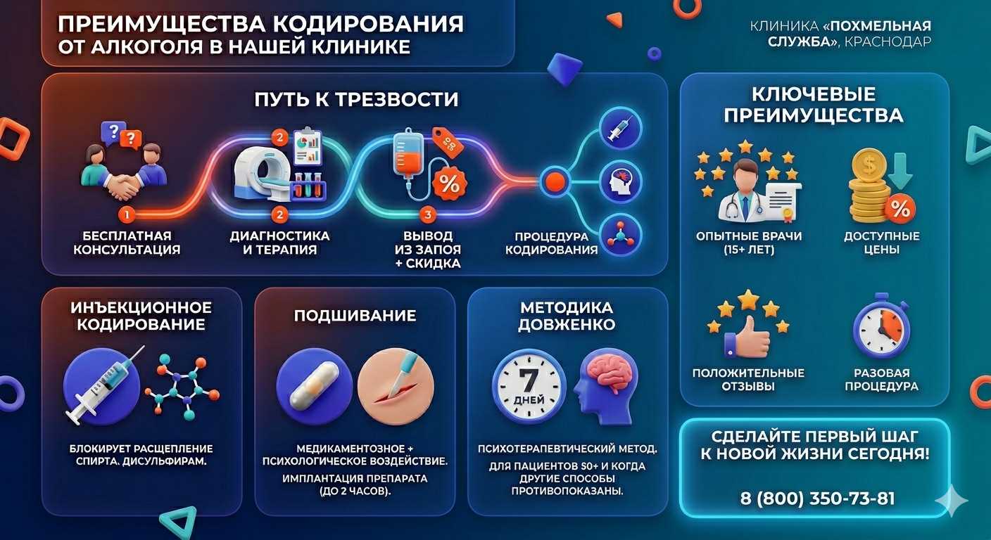 Инфографика о методах кодирования от алкоголя в Егорьевске: инъекции, подшивание, метод Довженко. Преимущества клиники и этапы лечения.