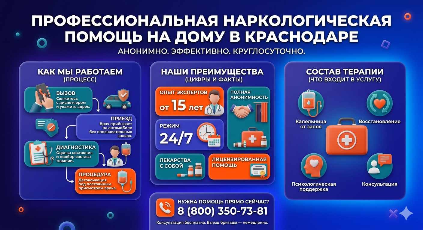Инфографика о принципах лечения алкоголизма на дому в Егорьевске: этапы вызова нарколога, преимущества анонимной детоксикации и состав медицинской помощи.